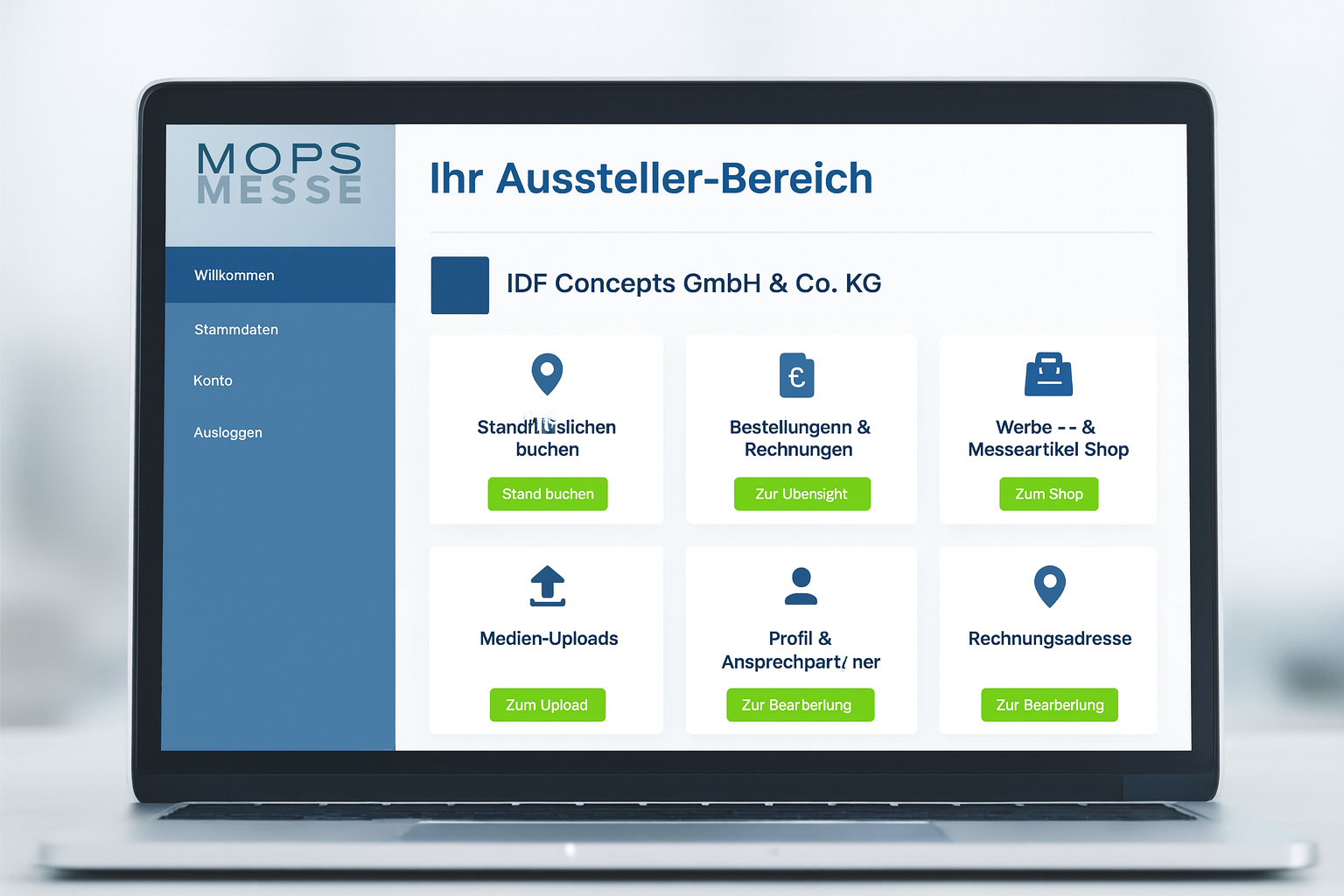MOPS Aussteller-Bereich mit Seitenleiste und Kacheln für Standbuchung, Bestellungen/Rechnungen, Shop, Medien-Uploads, Ansprechpartner