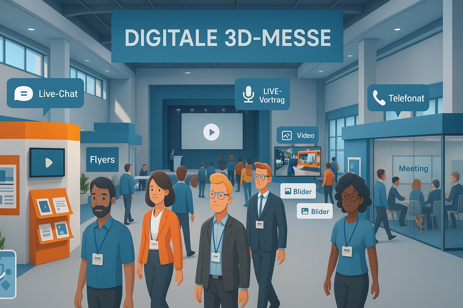 Digitale 3D-Messe: Avatare bewegen sich durch eine virtuelle Messehalle mit Messeständen, Screens und Chat-Bereichen.