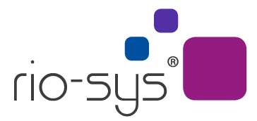 Textmarke rio-sys und die 3 Quadrate in den Produktfarben blau lila und etwas in Richtung ping